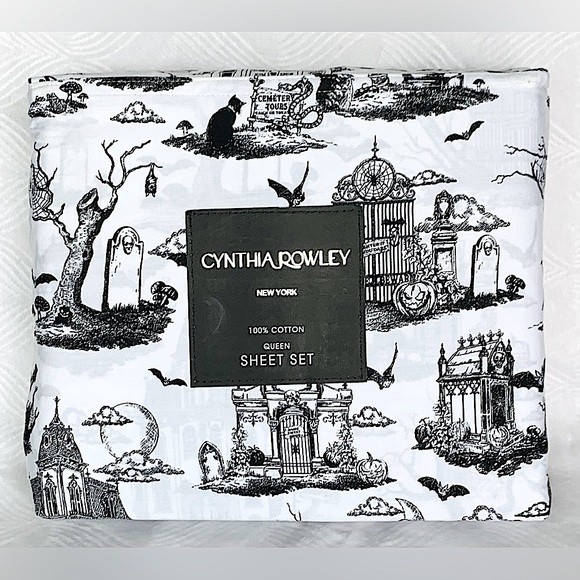 SALE - Cynthia Rowley Haunted Cemetery Halloween Cotton Sheet Set - Queen - Picture 1 of 6